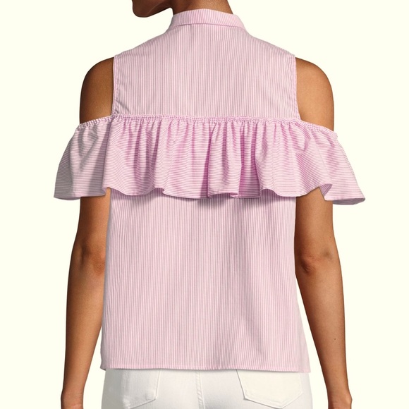 MICHAEL KORS coral cold shoulder stripe ruffle top - Picture 3 of 8